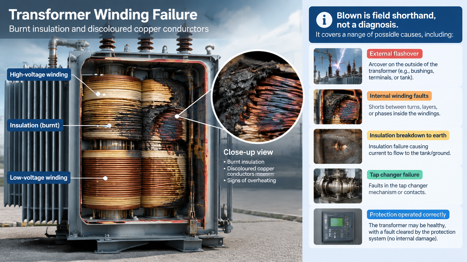 Cutaway of a failed transformer winding showing burnt insulation and discoloured copper conductors
