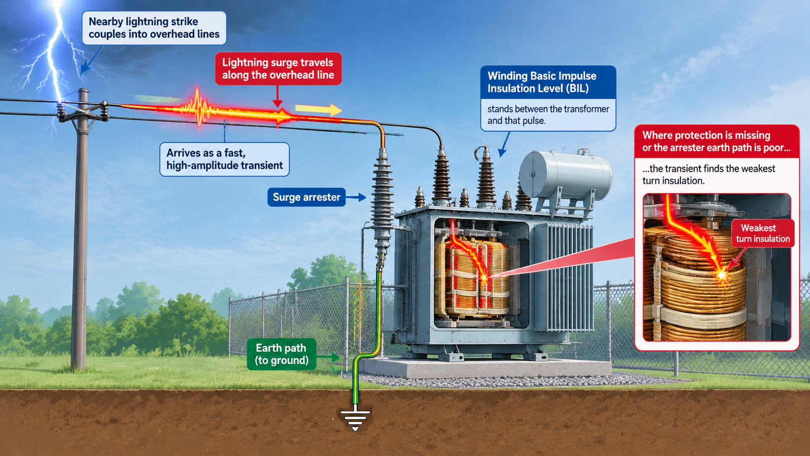 Diagram of a lightning surge travelling along an overhead line into a transformer with a surge arrester fitted