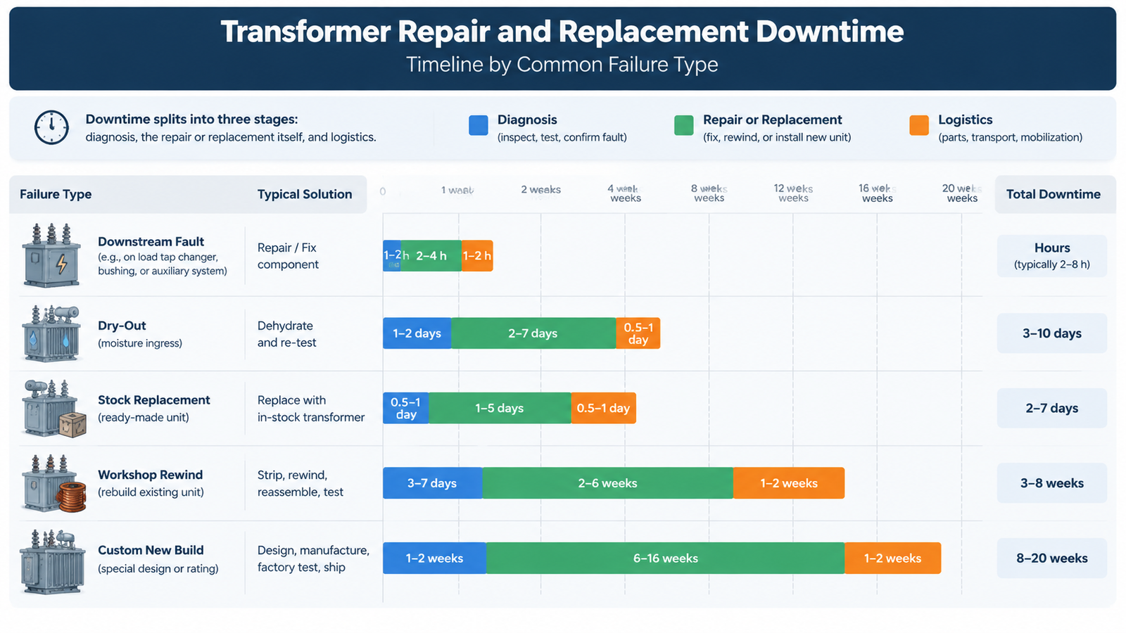 Timeline chart comparing transformer repair and replacement downtime for common failure types