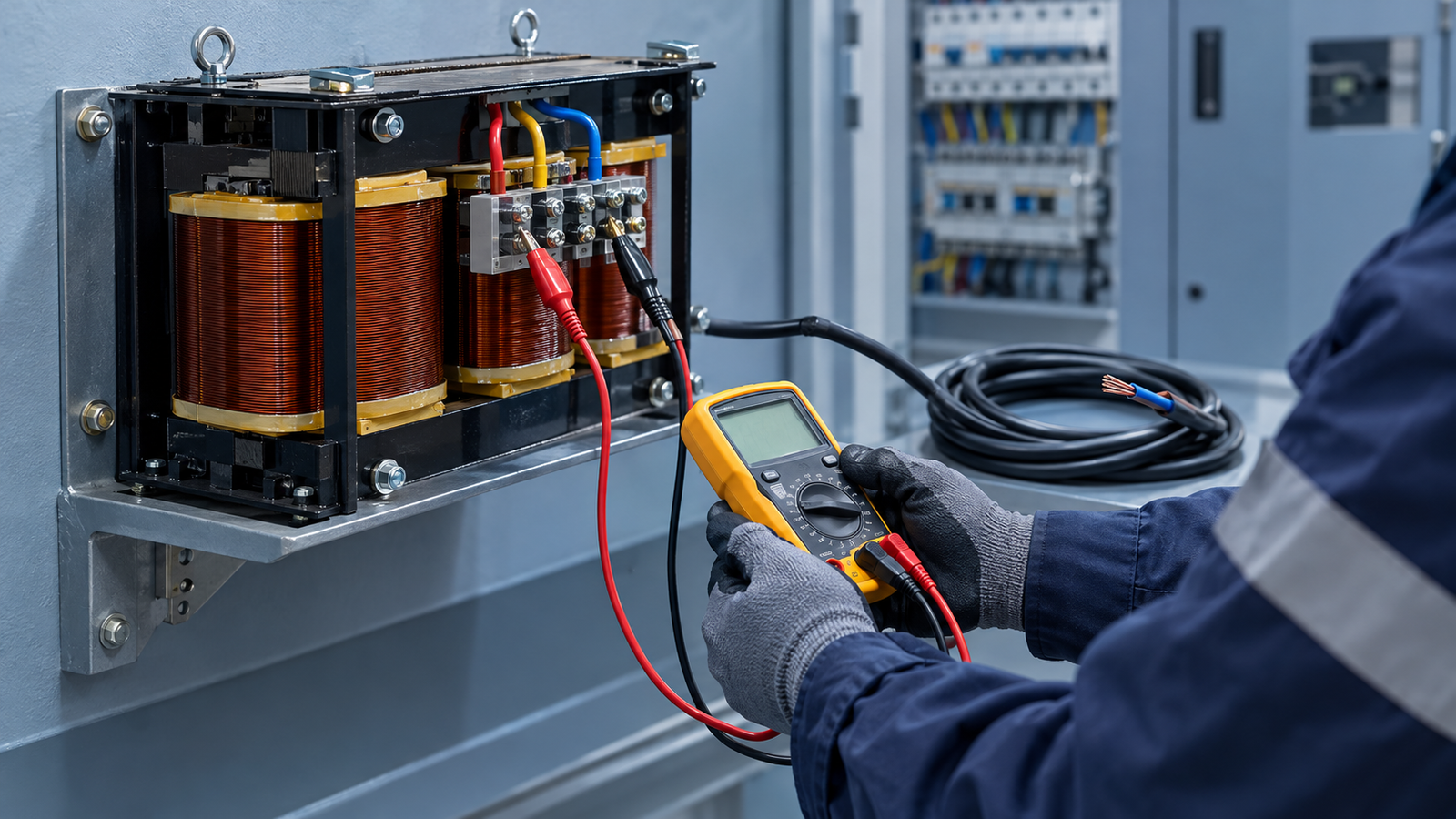 Technician measuring the output voltage of a buck-boost transformer with a multimeter during commissioning, with the load disconnected
