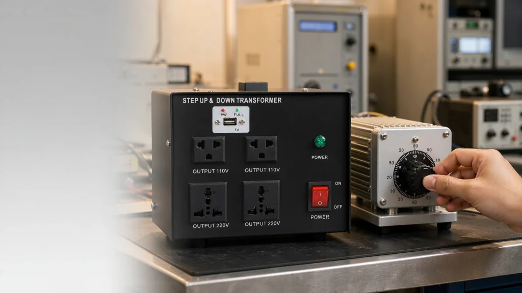Variable transformer variac on a test bench for voltage testing and burn-in