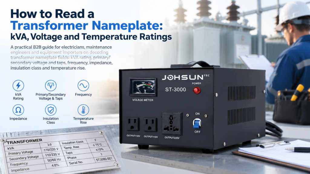 Transformer nameplate showing kVA rating, voltage, impedance and temperature rise fields