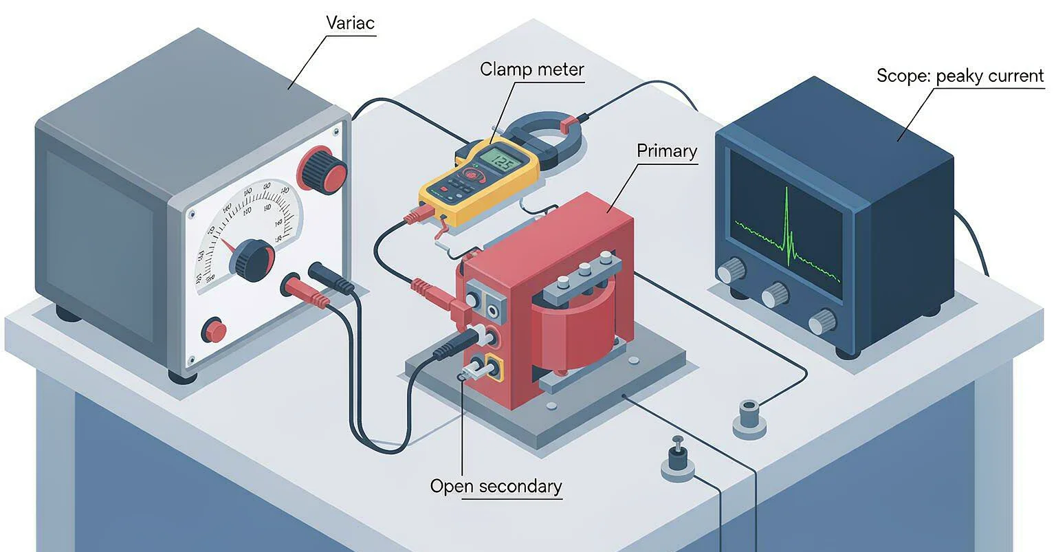 Bench test setup for detecting transformer core saturation: a variable transformer feeding the primary of a small dry-type transformer, a true-RMS clamp meter on the primary lead and an oscilloscope showing a narrow peaked magnetizing current waveform