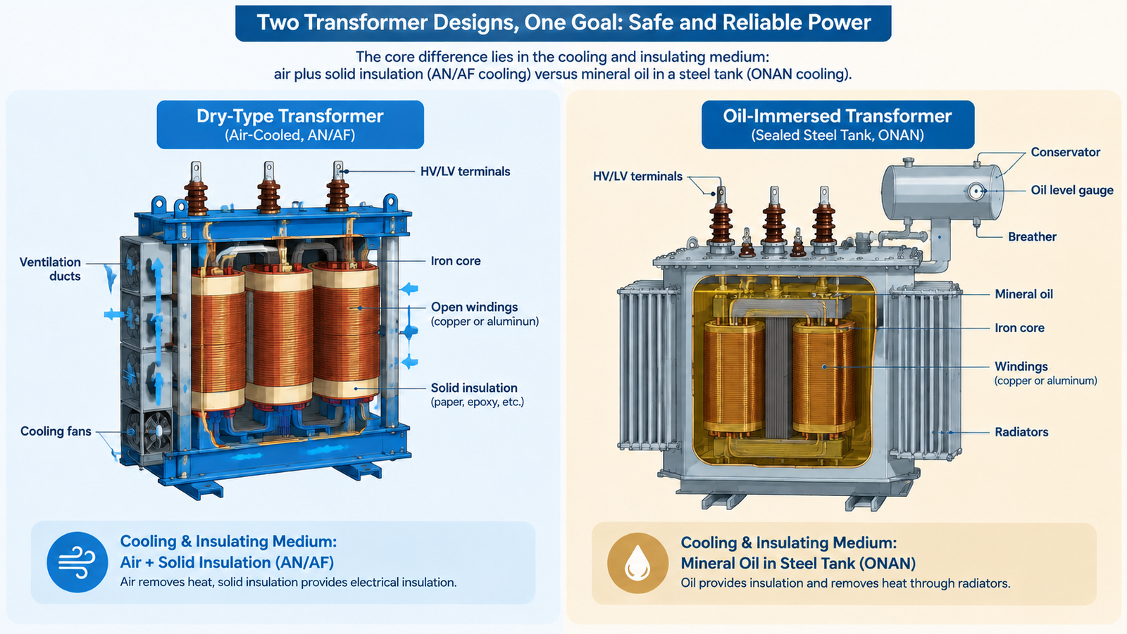 Cutaway comparison of a dry-type transformer with air-cooled windings and an oil-immersed transformer with a sealed oil tank, radiators and conservator
