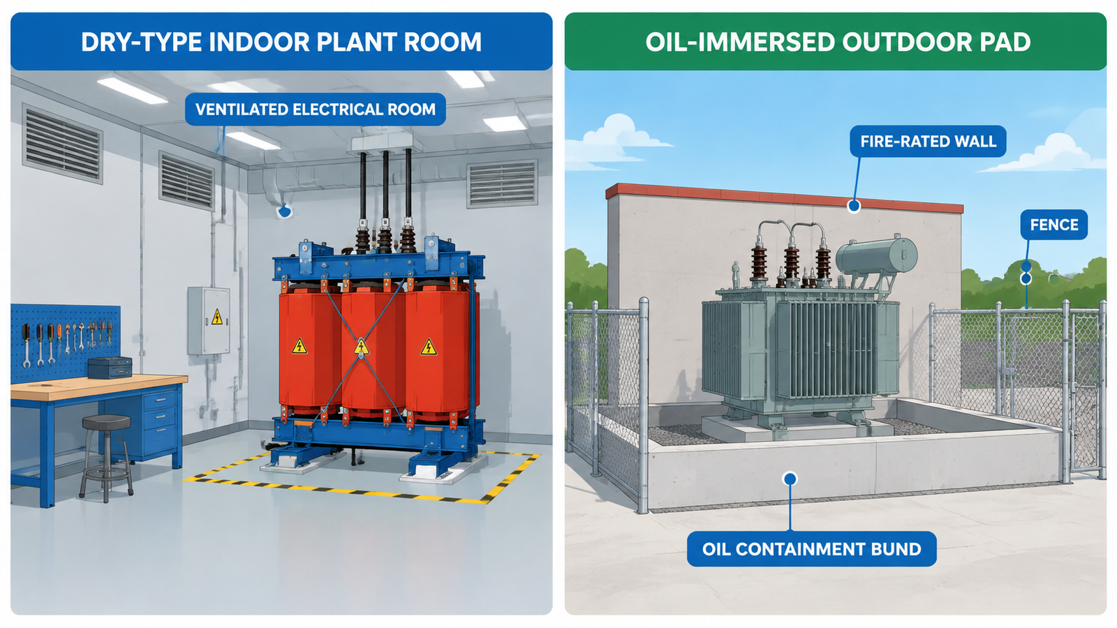 Side-by-side diagram of installation requirements showing a dry-type transformer in a ventilated plant room and an oil-immersed transformer outdoors inside an oil containment bund