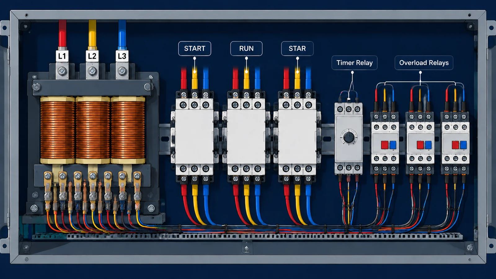 Cutaway illustration of a low voltage motor starter enclosure showing a three phase auto transformer with tap links, three contactors labelled start run and star, overload relays and a timer relay