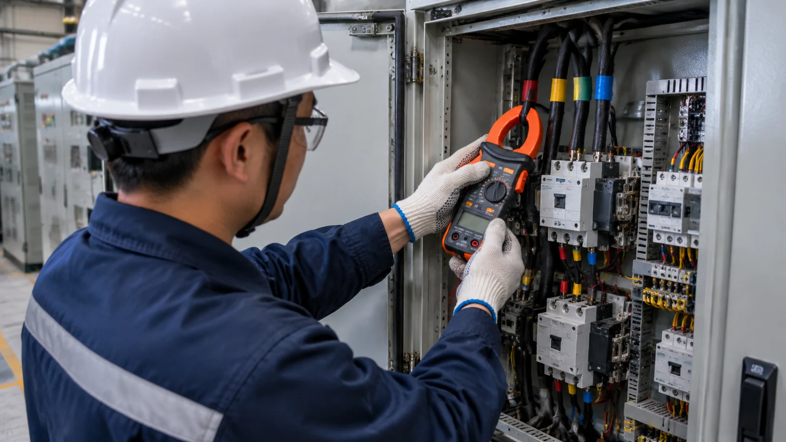 Commissioning engineer in a switchroom holding a clamp meter around a motor feeder cable while reading starting current at a low voltage starter panel