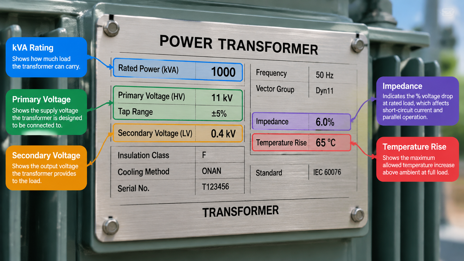 Close-up of a transformer nameplate with kVA rating, primary and secondary voltage, impedance and temperature rise fields labelled