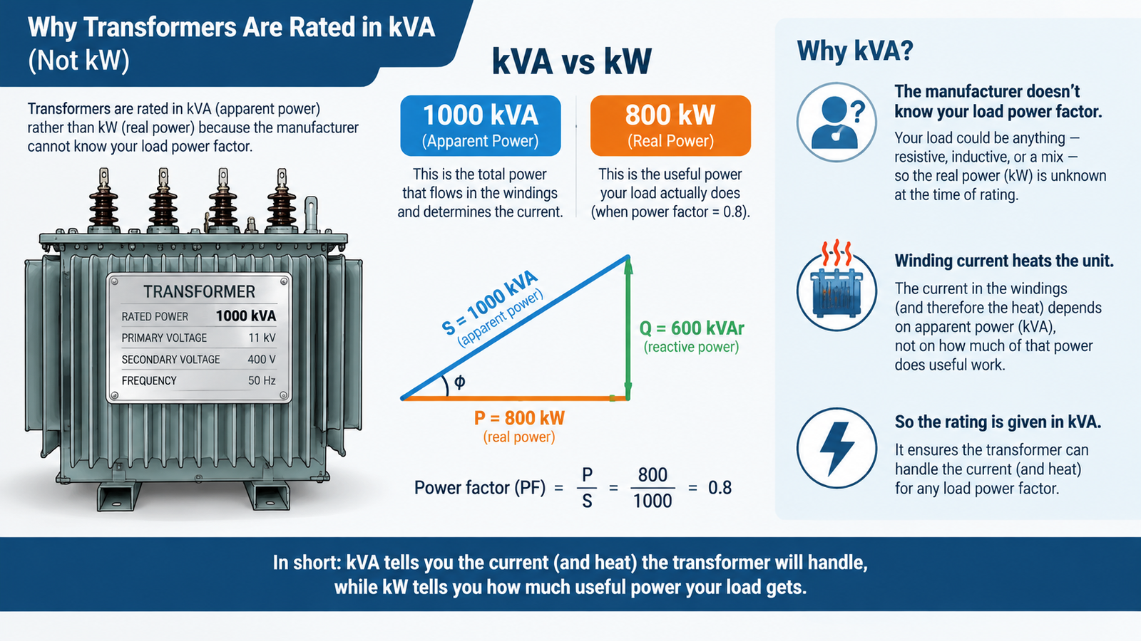 Diagram comparing kVA apparent power with kW real power for a transformer nameplate rating
