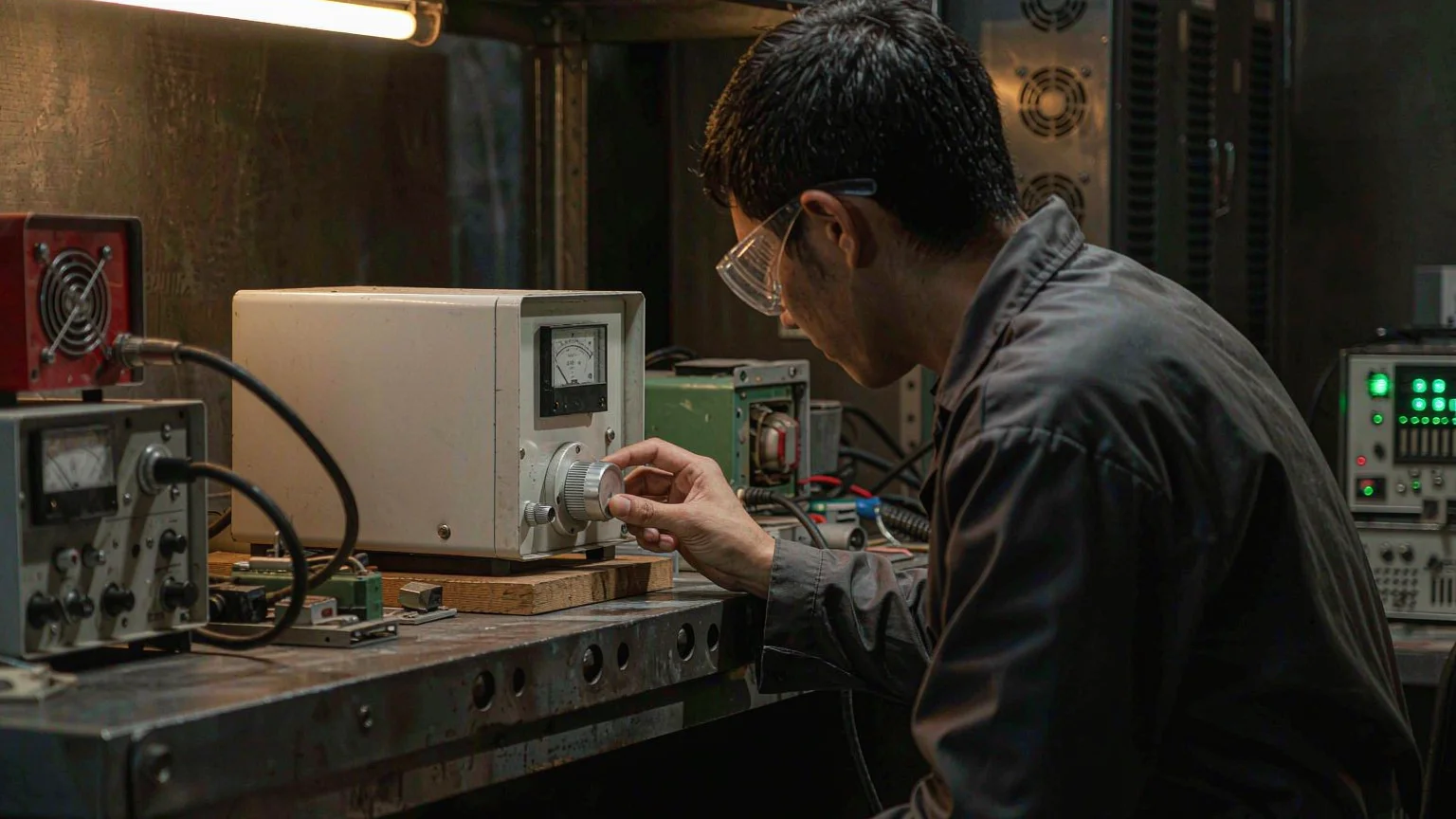 Technician slowly ramping output voltage on a variac while monitoring equipment under test