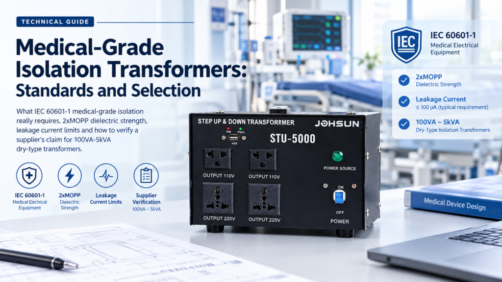 Medical-grade isolation transformer cover: STU-5000 dry-type step up and step down transformer in a medical device design laboratory