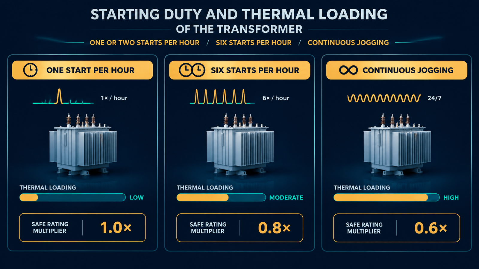 Comparison chart showing transformer thermal loading for one start per hour, six starts per hour and continuous jogging, with the safe rating multiplier for each duty level