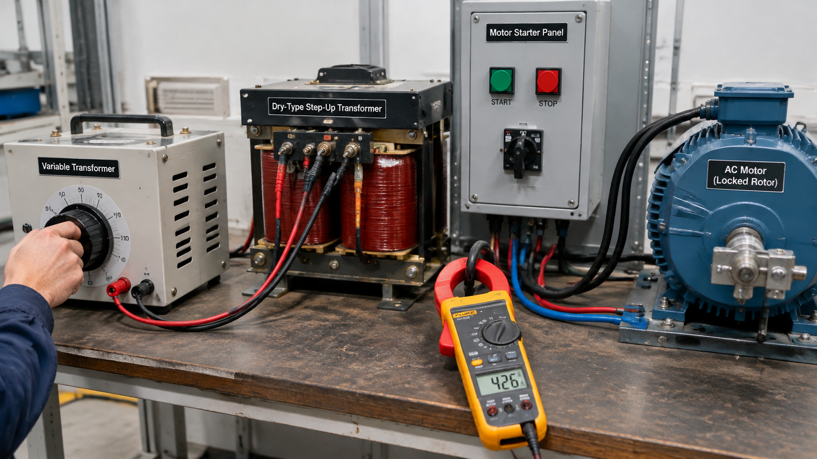 Photograph-style illustration of a small dry-type step-up transformer mounted beside a motor starter panel, with a clamp meter on the secondary cable during commissioning