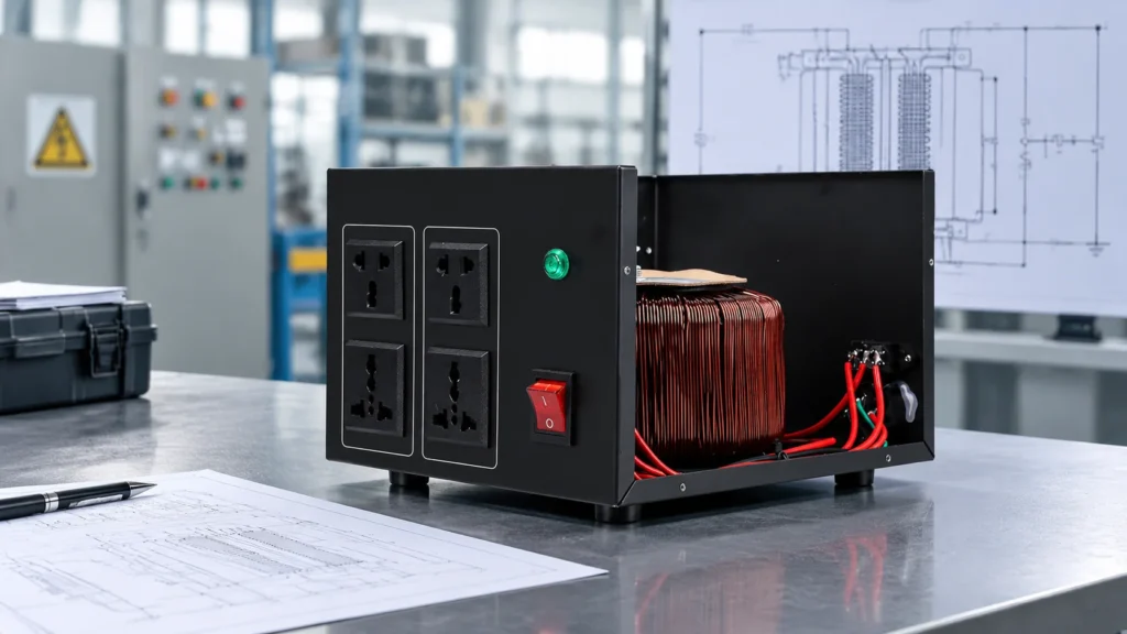 Small industrial dry-type transformer beside engineering drawings, representing percent impedance on a nameplate