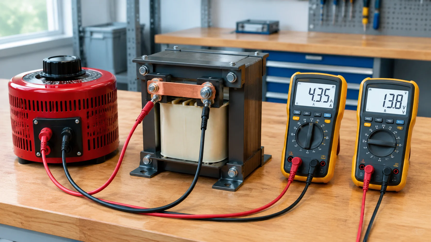Bench setup for a short-circuit impedance test on a 1 kVA transformer with a variac, ammeter, voltmeter and shorted secondary terminals