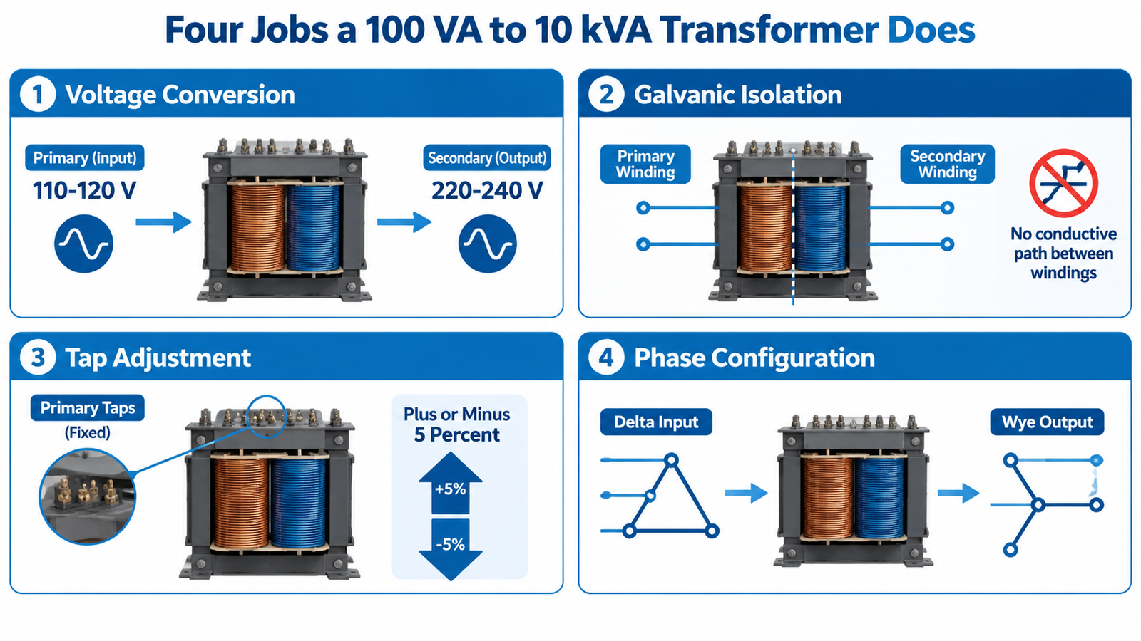 Diagram comparing the four low-voltage transformer functions: voltage conversion, galvanic isolation, tap adjustment and phase configuration