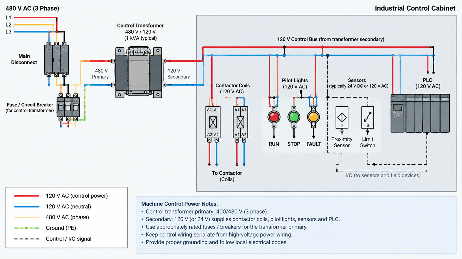Industrial control panel wiring diagram showing a 480 V to 120 V control transformer feeding contactor coils, pilot lights and a PLC