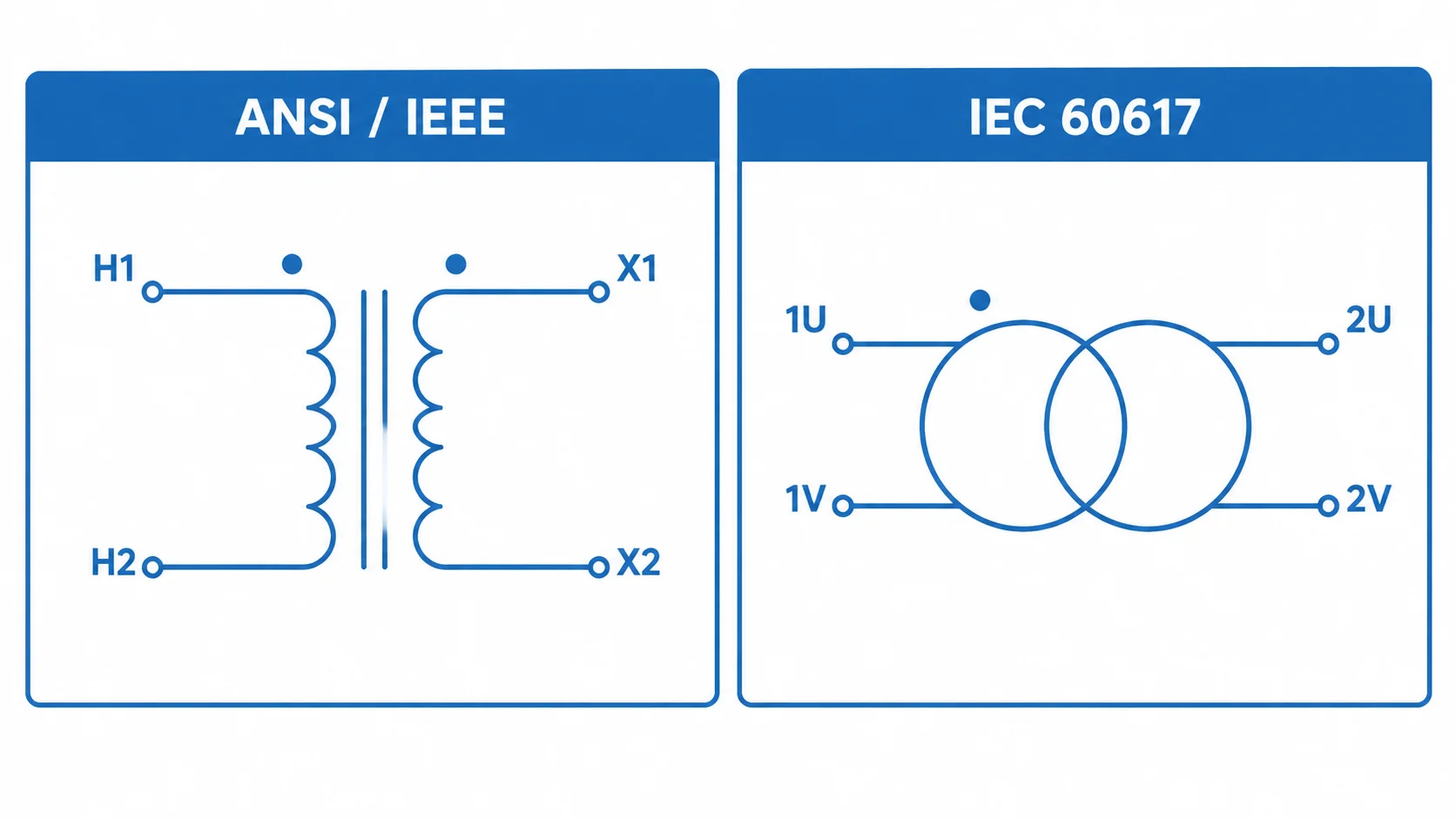 Comparison of ANSI two-coil transformer symbol and IEC two-circle symbol with polarity dots and tap marks