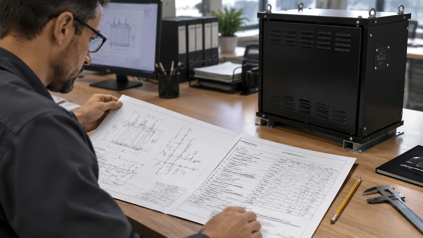 Engineer reviewing transformer electrical drawings and a specification schedule at a desk next to a dry-type step-up step-down transformer